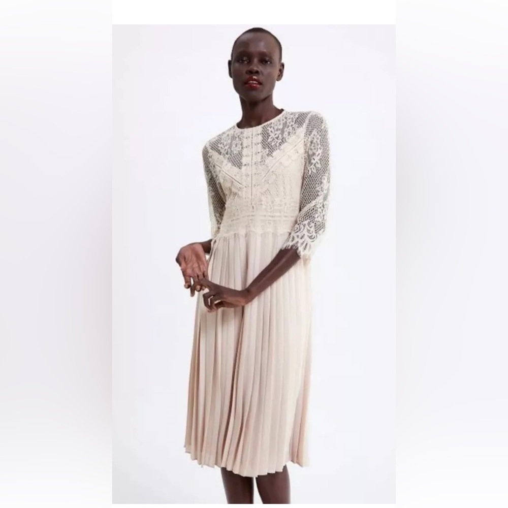 Zara lace overlay pleated midi dress. Cream color.